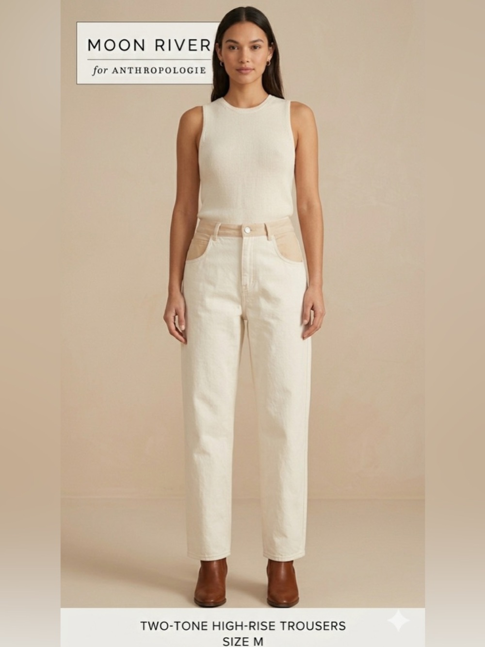 Anthro - Moon River Two-Tone Wide Leg Jeans in Cream and Tan